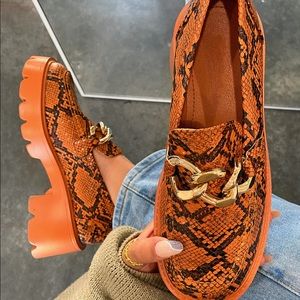 Platform Loafers Slip On - Brown Snakeskin